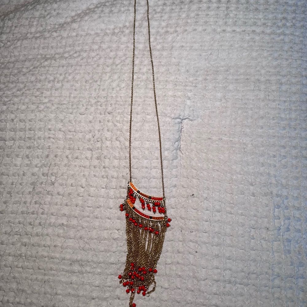 Elegant Gold and Orange Red Beaded Necklace